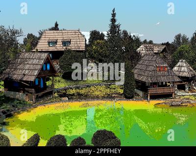 Stanisici, Bijelina, Bosnien und Herzegowina. 25. April 2021 Ethno-Dorf, traditionelle Dorfhäuser aus Baumstämmen, bosnischer Baustil im Hochland. See mit Wasser. Holzarchitektur. Stockfoto