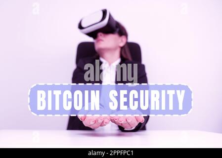 Hand schreiben Zeichen Bitcoin Sicherheit. Word for Funds werden in einem Kryptografiesystem mit öffentlichem Schlüssel gesperrt Stockfoto