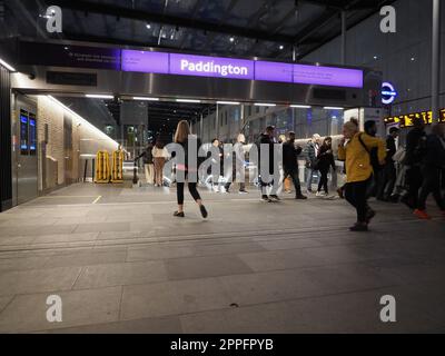 Paddington U-Bahn-Station Elizabeth Line bei Nacht in London Stockfoto