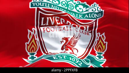 Die Flagge des Liverpool Football Clubs winkt Stockfoto