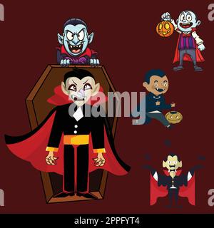 Vampir-Cartoon-Figur in Umhang, fünf Posen Stock Vektor