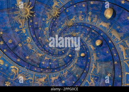 Astrologischer Hintergrund mit Sternzeichen und Symbol. Stockfoto