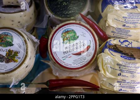 Große Käse Pecorino auf der Gastrofood - Fachmesse für Lebensmittel und Getränke für Catering in Krakau. Stockfoto