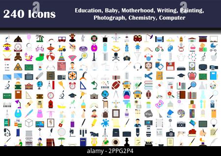 240 Symbole Für Bildung, Baby, Mutterschaft, Schreiben, Malen, Fotografie, Chemie, Computer Stock Vektor