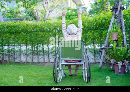 Asiatische ältere Frau Behinderung Patient sitzt auf elektrischen Rollstuhl im Park, medizinisches Konzept. Stockfoto