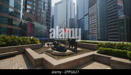 Central, Hongkong 27. Januar 2021: Zwei Büffelstatuen, Exchange Square auf Hong Kong Island Stockfoto