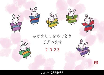 Neujahrskarte „Jahr des Hasen“ mit Kaninchen in Kimono, handgezeichnet für das Jahr 2023 Stock Vektor