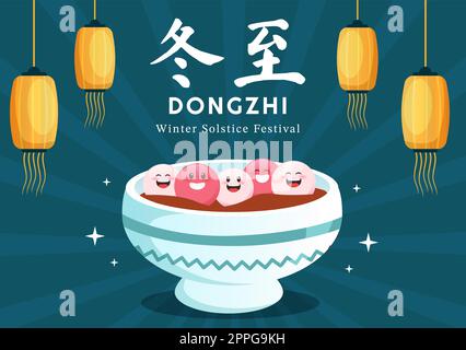 Dongzhi oder Winter Solstice Festival Vorlage Handgezeichnete Cartoon flache Illustration mit Familie genießen chinesisches Essen Tangyuan und Jiaozi Konzept Stock Vektor