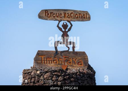 Zeichen des Timanfaya Nationalparks, Lanzarote, Kanarische Inseln, Spanien. Stockfoto