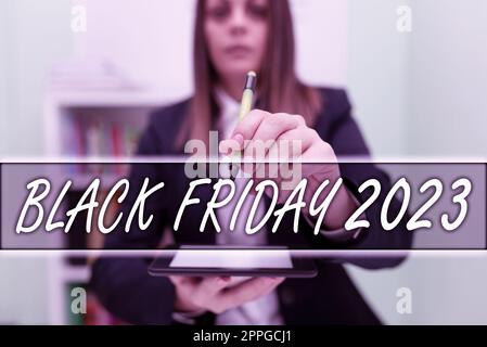 Handschrift Text Black Friday 2023. Internet-Konzept Tag nach Thanksgiving Rabatte Shopping-Tag Stockfoto