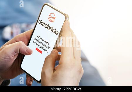 Weibliche Hände halten ein Telefon mit der Databricks-App auf dem Bildschirm Stockfoto