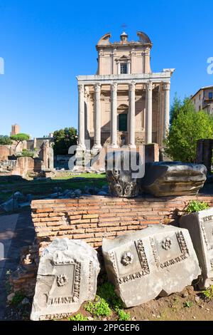 Forum Romanum, Blick auf die Ruinen mehrerer wichtiger antiker Gebäude, Tempel von Antoninus und Faustina, Rom, Italien Stockfoto