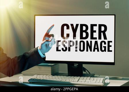 Textzeichen für Cyber-Spionage. Konzeptfoto Erlangung von Geheimnissen und Informationen ohne Genehmigung Stockfoto