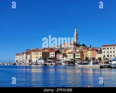 Panoramablick auf die Altstadt Rovinj vom Hafen. Halbinsel Istrien, Kroatien. Stockfoto