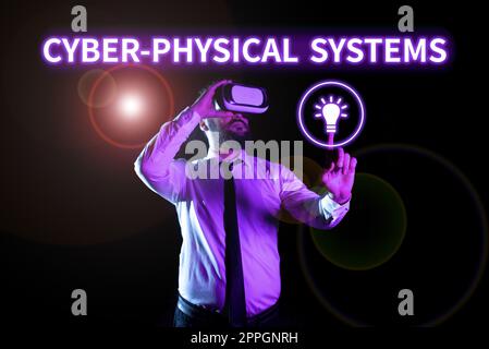 Textunterschrift zur Darstellung von Cyber Physical Systems. Geschäftsansatz, gesteuert durch computerbasierte Algorithmen man Holding Tablet mit Grafik und Stift, die auf Pfeil nach oben zeigen. Stockfoto