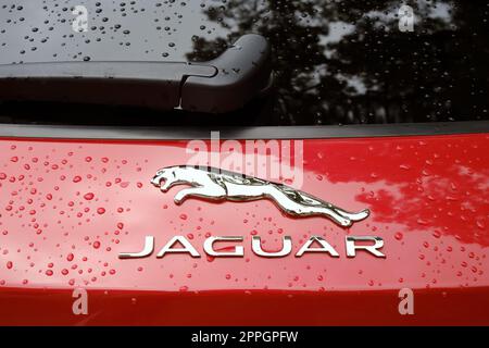 Wet Luxury Jaguar Schild aus nächster Nähe Stockfoto
