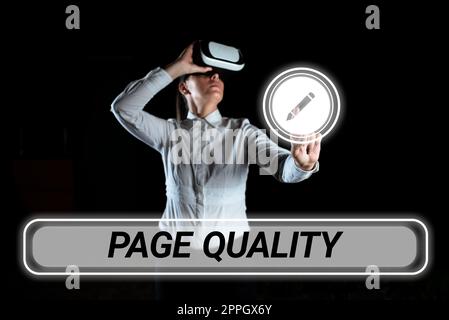 Schreiben mit Anzeige von Text Seitenqualität. Geschäftsidee Wirksamkeit einer Website in Bezug auf Aussehen und Funktion Stockfoto
