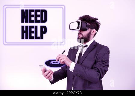 Konzeptionelle Anzeige benötigt Hilfe. Konzept bedeutet, dass jemand unter Druck steht und die Situation nicht bewältigen kann Stockfoto