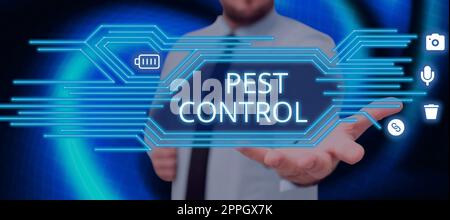 Textüberschrift mit der Schädlingsbekämpfung. Wort geschrieben über die Tötung zerstörerischer Insekten, die Nutzpflanzen und Vieh angreifen Stockfoto