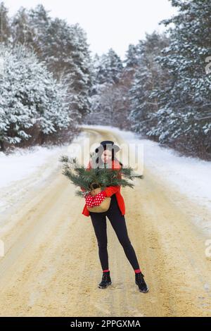 Ein Mädchen mit rotem Pullover und Hut und roten Fäustlingen hält einen Korb mit Pinienzweigen in der Hand und steht inmitten einer schneebedeckten Straße in einem Wald mit Pinienzweigen. Stockfoto