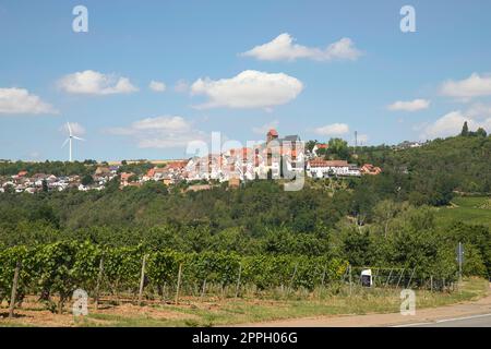 Neuleiningen, Rheinland-Pfalz, Deutschland - 04. Juli 2022: Blick auf Neuleiningen, eine Burg und ein Weindorf im Bezirk Bad DÃ¼rkheim. Stockfoto