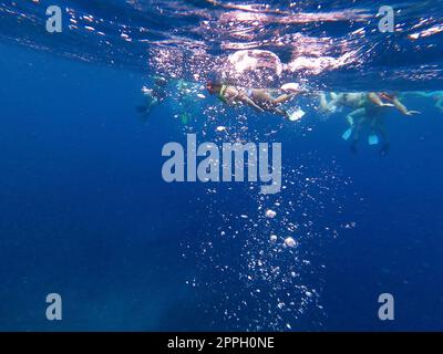 Die Leute beim Schnorcheln unter Wasser und Angeln Tour mit dem Boot an der Karibik in St. Thomas Stockfoto