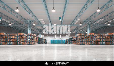 Industrieller Innenraum, Lager mit Waren und Regalen. Stockfoto