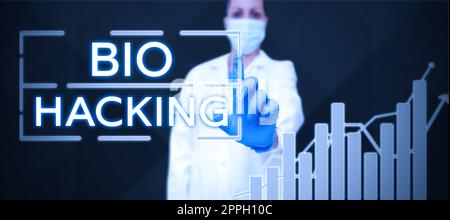 Konzeptionelle Überschrift Bio Hacking. Unternehmerischer Ansatz bei experimenteller Ausbeutung von genetischem Material ohne Berücksichtigung ethischer Standards Stockfoto