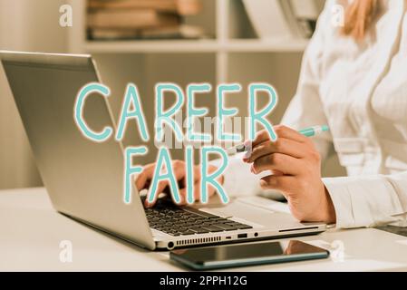 Inspiration mit dem Schild „Career Fair“. Konzept: Eine Veranstaltung, bei der Arbeitsuchende mit möglichen Arbeitgebern zusammentreffen können Stockfoto