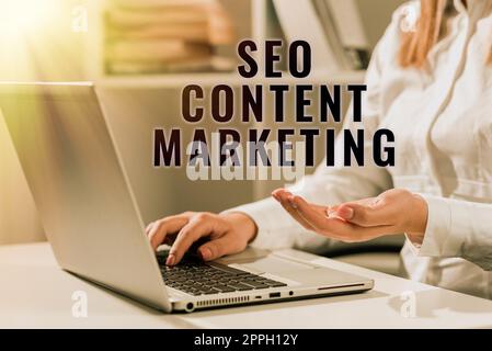 Konzeptionelle Darstellung Seo Content Marketing. Geschäftsüberblick Veröffentlichung von Materialien zur Markenwerbung Stockfoto