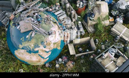 Die Erde liegt zwischen Müll - Globales Katastrophenkonzept (Treibhauseffekt, globale Erwärmung zerstören unseren Planeten) - 3D-Rendering Stockfoto