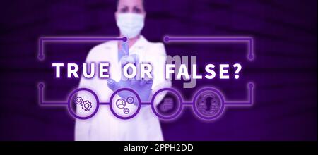 Textzeichen mit „wahr“ oder „Falsequestion“. Konzeptionelle Fotoserie von Aussagen, die als wahr oder falsch zu kennzeichnen sind Stockfoto