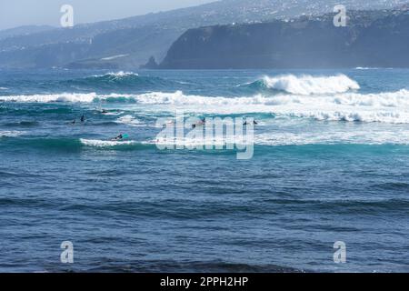 Eine Gruppe von Surfern auf den Wellen. Teneriffa. Kanarische Inseln. Spanien Stockfoto