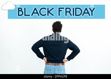 Schild mit der Aufschrift „Black Friday“. Ein Wort für den Tag nach dem US-Feiertag der Thanksgiving-Shopping-Saison Stockfoto