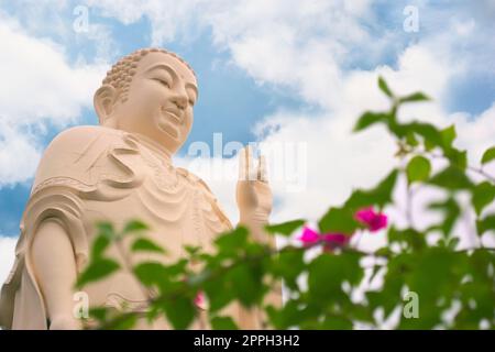 Stehende buddha-Statue am Vinh Trang Tempel, in der Nähe von My Tho, Vietnam. Niedriger Blickwinkel mit Gartenblumen im Vordergrund. Stockfoto