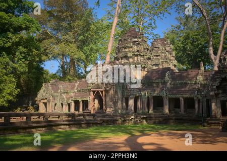 Westlicher Eingang der Tempelruinen von Ta Prohm, die sich im Komplex Angkor Wat in der Nähe von Siem Reap, Kambodscha, befinden. Stockfoto