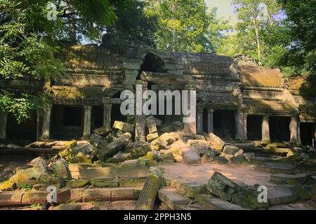 Südlicher Eingang der Tempelruinen von Ta Prohm, im Angkor Wat Komplex in der Nähe von Siem Reap, Kambodscha. Stockfoto