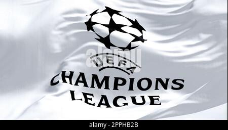 Nahaufnahme der Flagge der UEFA Champions League, die winkt Stockfoto