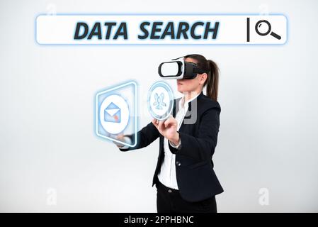 Text mit Inspiration Data Search. Business Overview sammelt und meldet Informationen, die bestimmte Begriffe enthalten Stockfoto