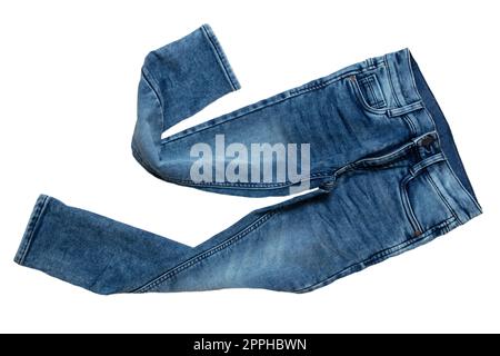 Blaue Jeans. Modische Jeanshose in Blau oder Hose für Jungen, isoliert auf weißem Hintergrund. Sommer- und Herbstmode für Kinder. Vorderansicht. Stockfoto