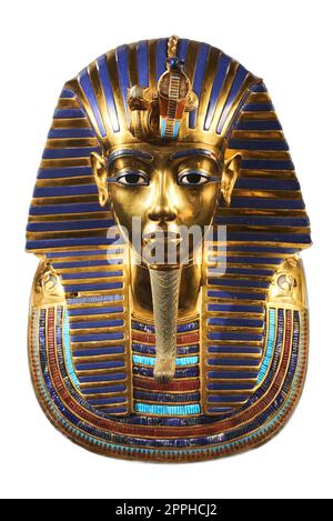 Bestattungsmaske des ägyptischen pharaos Tutanchamun. Isoliert auf weißem Hintergrund. Die Maske von Tutanchamun ist eine Goldmaske des Ägypten der 18. Dynastie Stockfoto