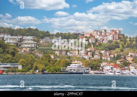 Grüne Berge auf der asiatischen Seite der Bosporus-Straße mit traditionellen Häusern und dichten Bäumen an einem Sommertag Stockfoto