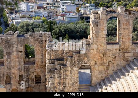 Theater des Dionysos, Überreste des antiken griechischen Theaters am südlichen Hang der Akropolis, Athen, Griechenland Stockfoto