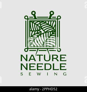 Vintage Nature Needle Logo-Vektor. Logo der grünen Nähkleidung. Stock Vektor