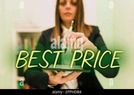 Schreiben Anzeige Text Best Price. Überblick über das Geschäft Käufer oder Verkäufer können etwas für ein verkauftes oder verkauftes Produkt erwerben Stockfoto