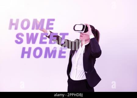 Text mit Inspiration Home Sweet Home. Wort geschrieben auf Willkommen zurück angenehm warm, Erleichterung, und glückliche Grüße Stockfoto