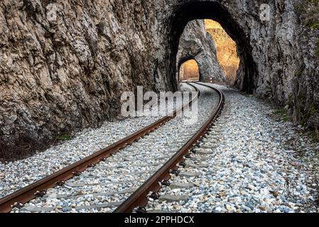 Alte Eisenbahn durch kurze Tunnel in malerischer ländlicher Landschaft Stockfoto