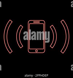 Neon-Smartphone sendet Funkwellen Schallwellen emittierende Wellen Konzept rote Vektordarstellung flaches Bild Stock Vektor