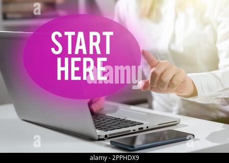 Handschrift Text Hier starten. Business Showcase jemandem zu sagen, dass dies der Ausgangspunkt ist, um vom Ziel zum Ziel zu gelangen Stockfoto
