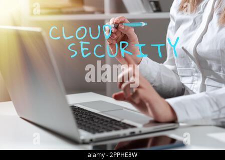 Text mit Inspiration Cloud Security. Wort für die Einführung eines gesicherten Systems von bestehenden Daten im Internet Stockfoto